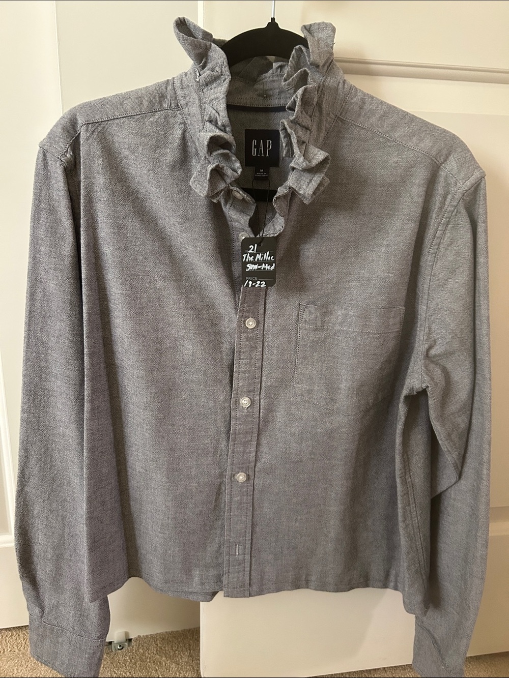 One of kind Button-Down Shirt recreated for a woman with a ruffled collar
